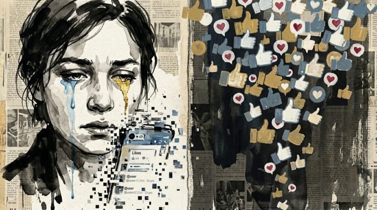 Fractured smartphone screen with crying emoji illustrating system of a down chop suey meaning, ink wash, Srutio Social