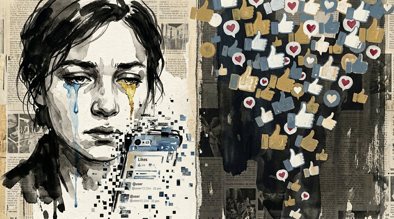 Fractured smartphone screen with crying emoji illustrating system of a down chop suey meaning, ink wash, Srutio Social