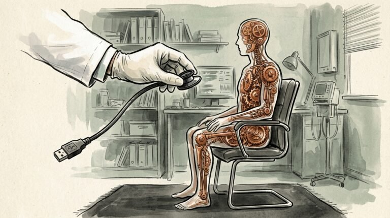 Human figure outlined in geometric lines being erased by a rubber stamp, Srutio Social