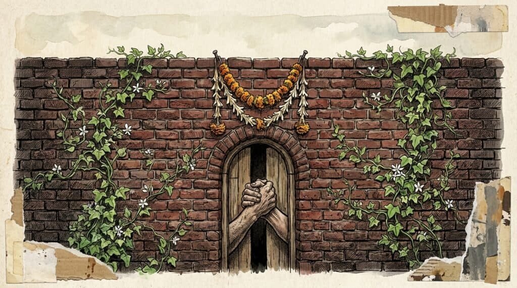 Two houses joined by tangled roots illustrating pink floyd mother, ink and watercolour, Srutio Social