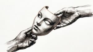 A mask being passed between two outstretched hands for perfect blue jpop idol system, Srutio Social