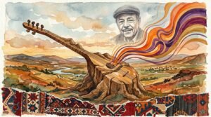 Baglama intertwined with guitar cables for altin gun garip, terracotta watercolour, Srutio Social