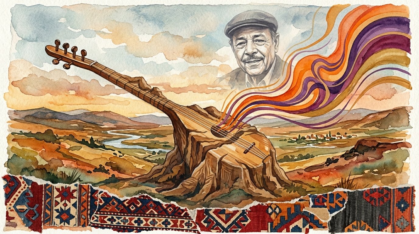 Baglama intertwined with guitar cables for altin gun garip, terracotta watercolour, Srutio Social