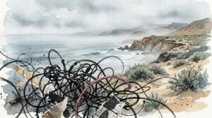 Coastline dissolving into psychedelic fog for holy wave im dada, ocean-blue wash, Srutio Social