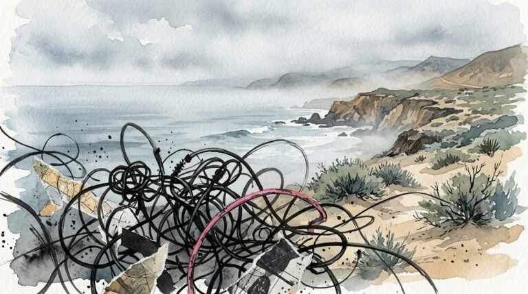 Coastline dissolving into psychedelic fog for holy wave im dada, ocean-blue wash, Srutio Social