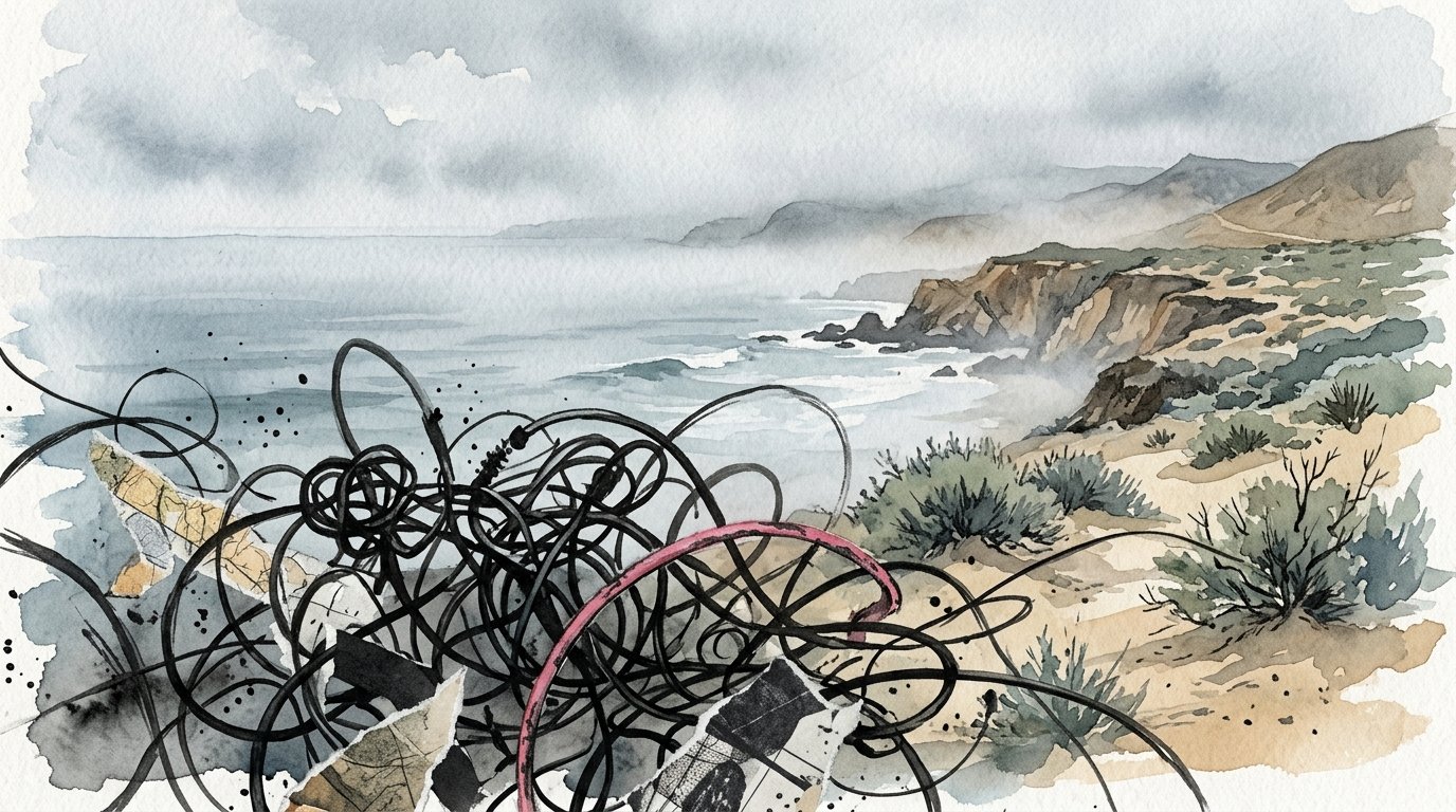 Coastline dissolving into psychedelic fog for holy wave im dada, ocean-blue wash, Srutio Social
