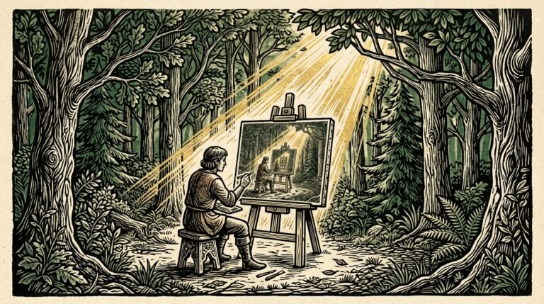 Woodcut of an artist carving music into a tree for big big train woodcut, forest-green wash, Srutio Social