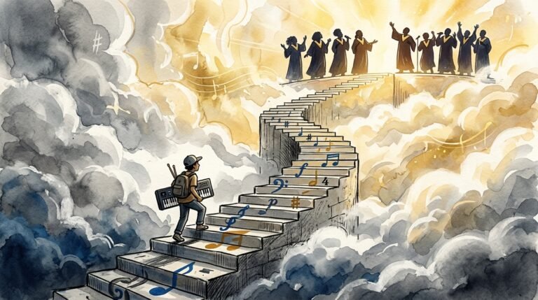 Thirty-eight album spines rising like a staircase for neal morse band lift, amber gouache, Srutio Social