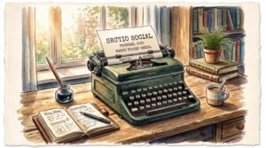 A vintage typewriter on a wooden desk with morning light streaming across it, representing srutio social's founding, mixed media ink and watercolour,