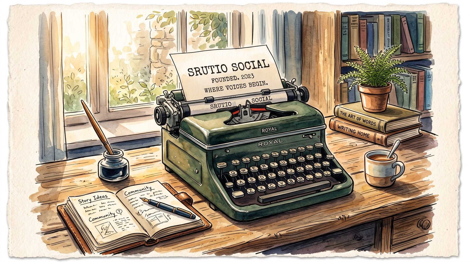 A vintage typewriter on a wooden desk with morning light streaming across it, representing srutio social's founding, mixed media ink and watercolour,