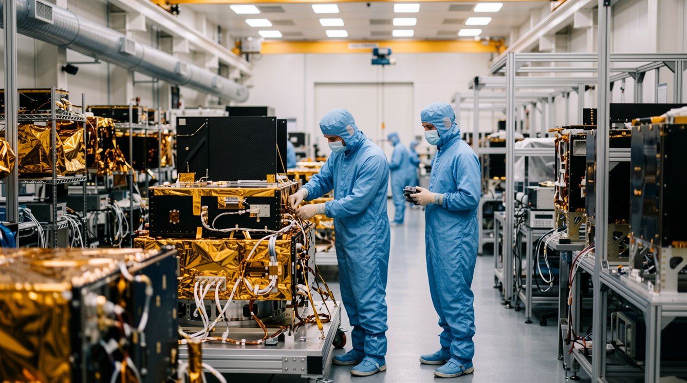 Two young Indian engineers in a satellite clean room beside hyperspectral satellite hardware, Pixxel Business Audit illustration, Srutio Social